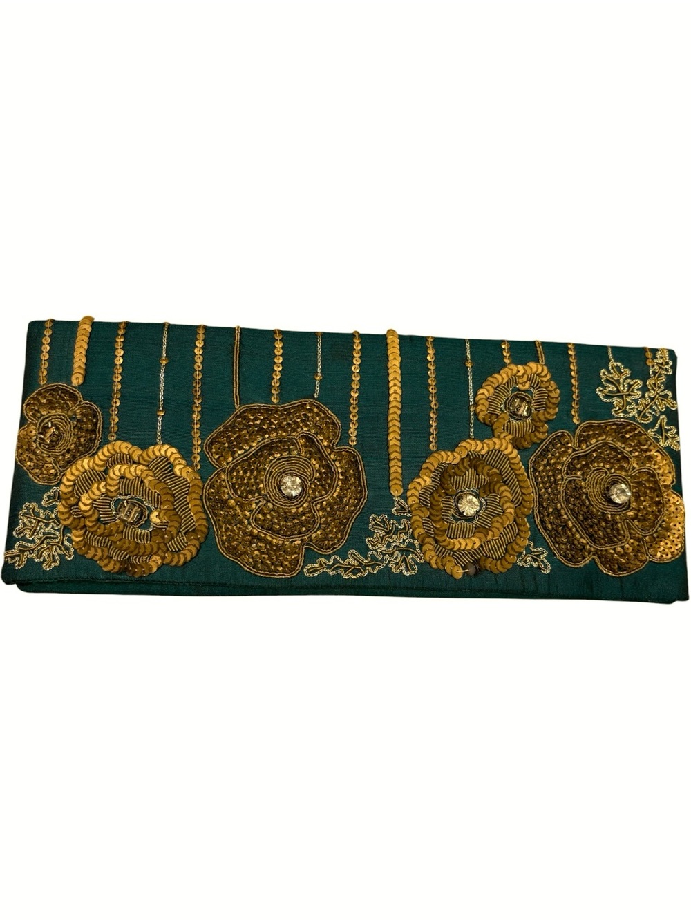 Chinyere Green Gold Embroidered Floral Silk Clutch Bag